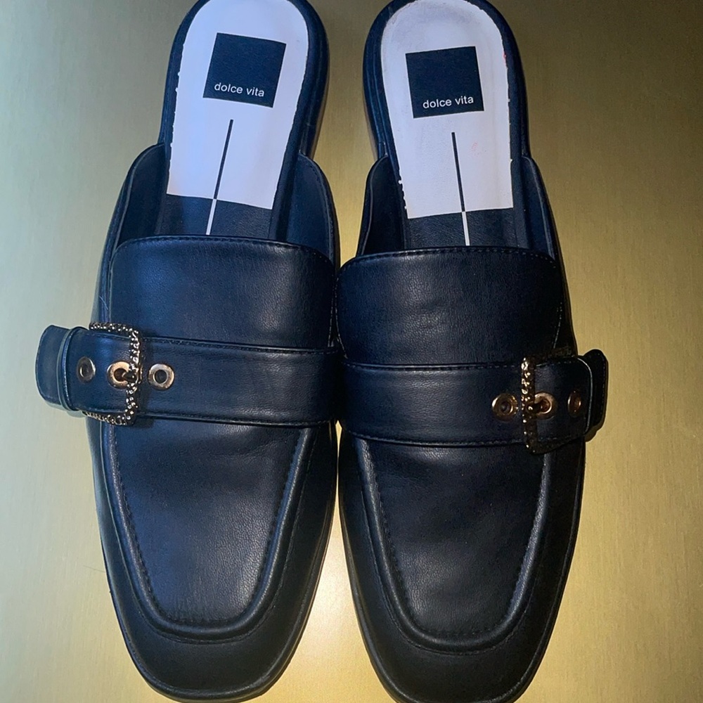 Dolce Vita Black Leather Mules with Gold Chain Detail